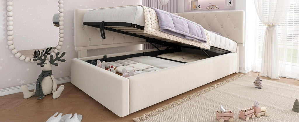 DESMIU Letto Divano 90 × 190 cm 1 posto con contenitore idraulico, senza materasso, in velluto, beige