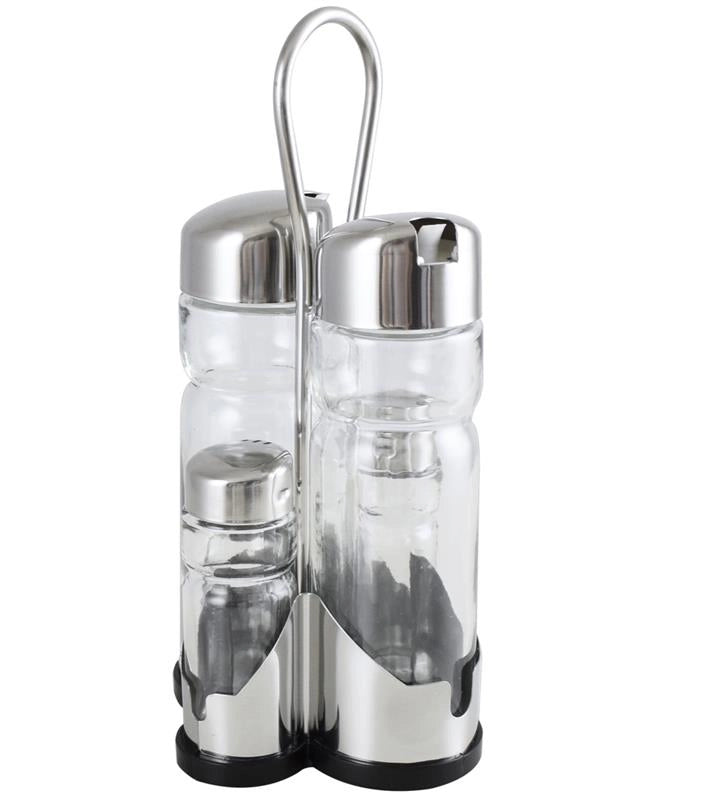 MAURY'S CONDÌ MENAGE DA TAVOLA RISTORANTE 4PZ INOX SALE PEPE OLIO ACETO CON VERSATORE