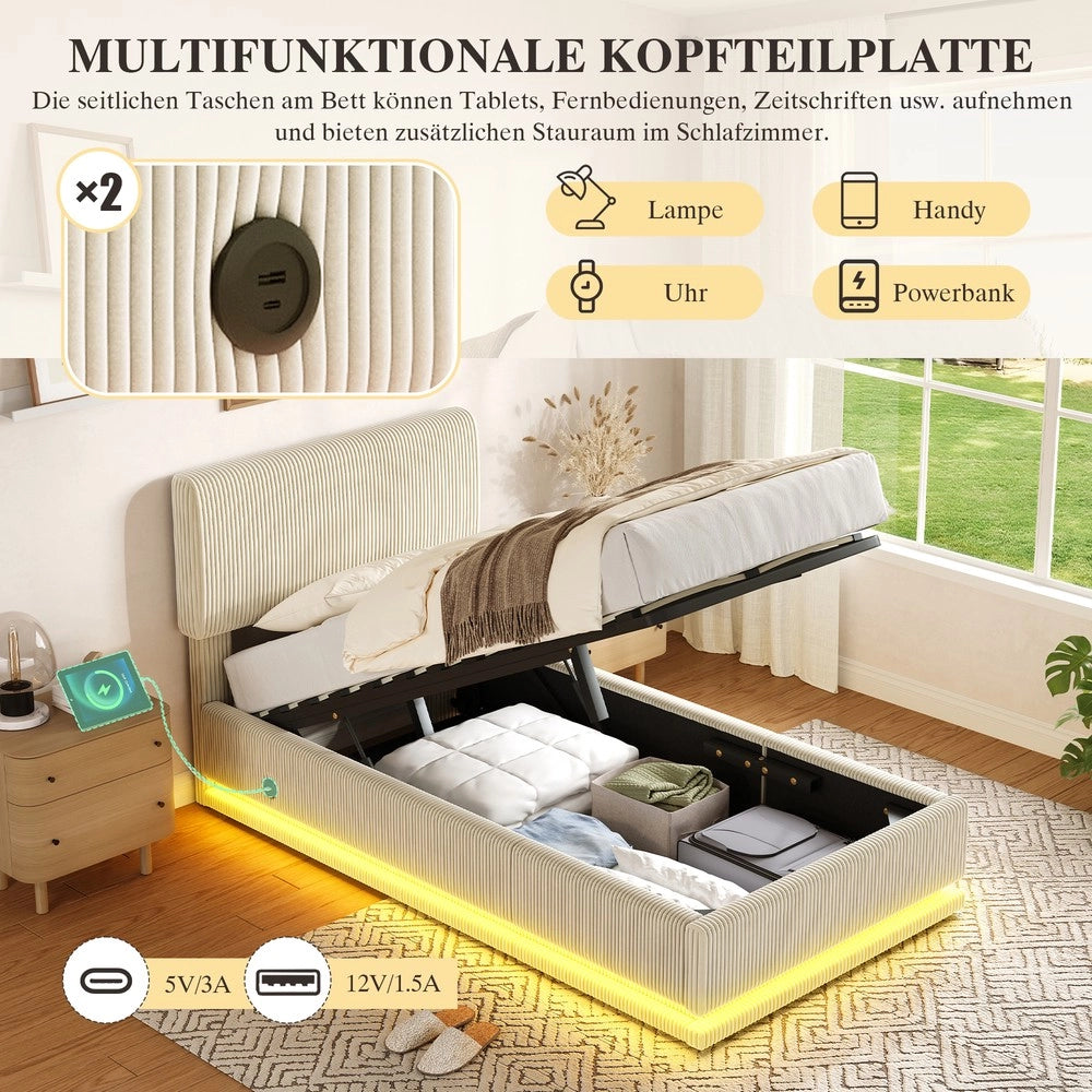 Letto Imbottito con LED, USB-C, Testiera Regolabile e Contenitore ¨C MINIMAL ¨C Velluto a Coste, 90x200, Beige