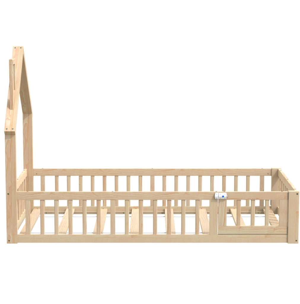 Letto per bambini 90x200 cm con rete a doghe; barriera di sicurezza; pino e MDF; naturale