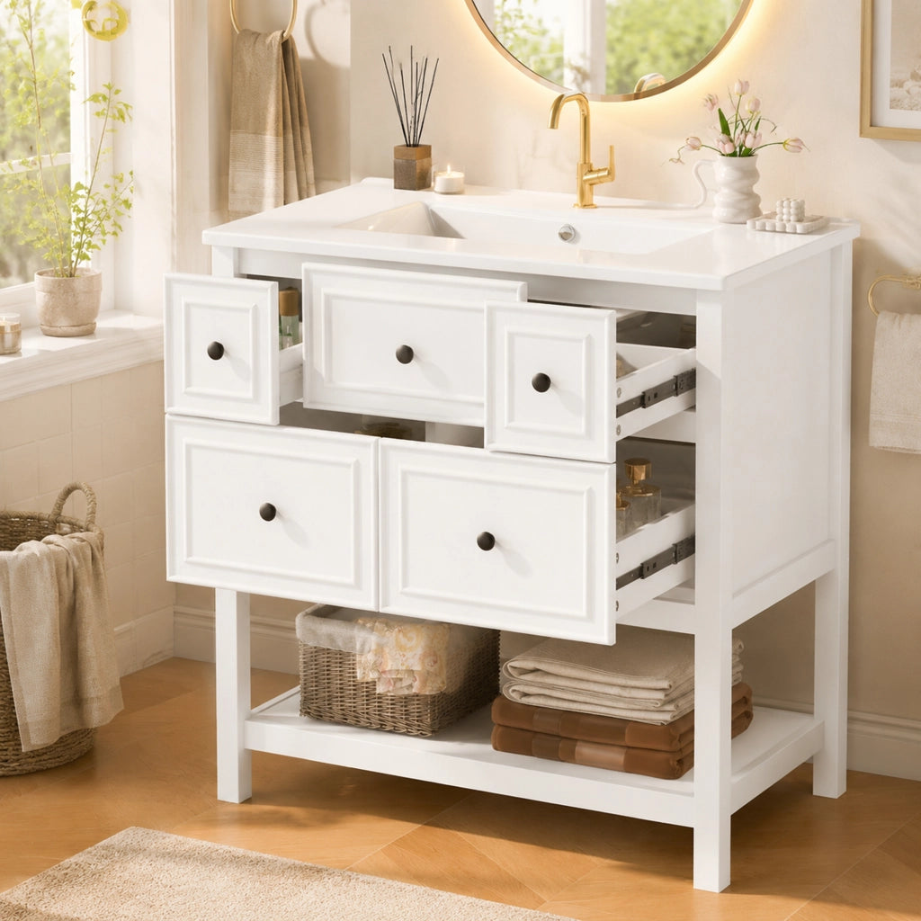 Mobile lavabo freestanding 76 x 46,5 x 82 cm, bianco, in MDF e ceramica, 5 cassetti e vani aperti