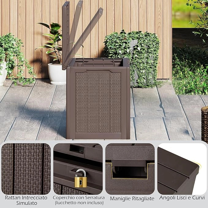Baule da Esterno 96 L, Cassapanca Contenitore con Coperchio Bloccabile e Tessitura in Vimini, per Giardino e Cortile, 56 x 41 x 50,5 cm (Marrone)