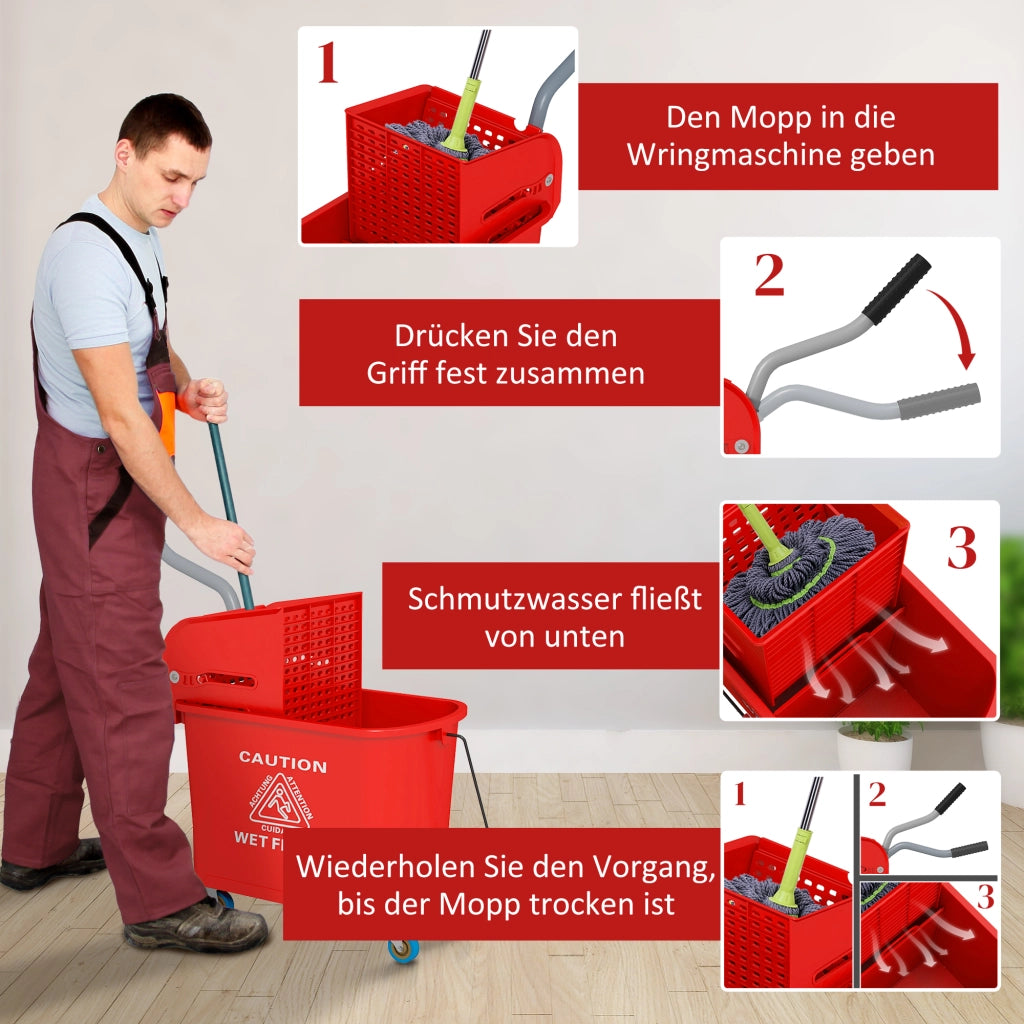 Secchio per mocio con strizzatore 20L ¨C Xylo ¨C Con ruote e manico, plastica rossa