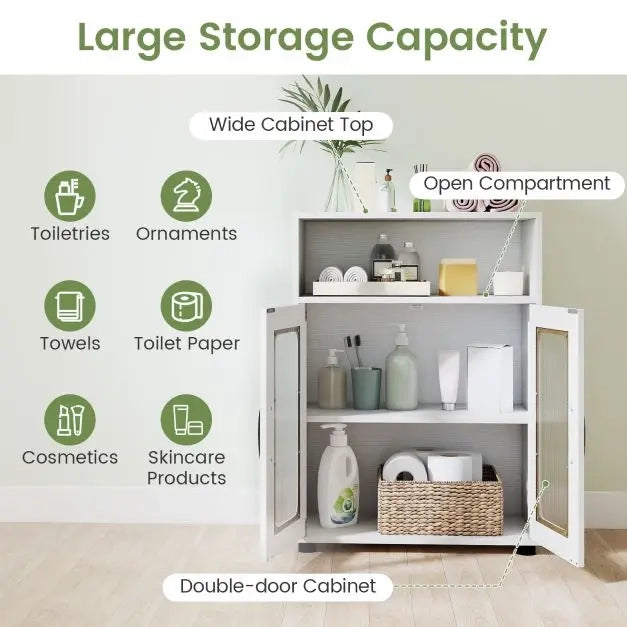 Mobile da Bagno a Terra con 2 Ante e Ripiano Regolabile Mobiletto Multiuso Salvaspazio 60 x 30 x 83 cm Bianco