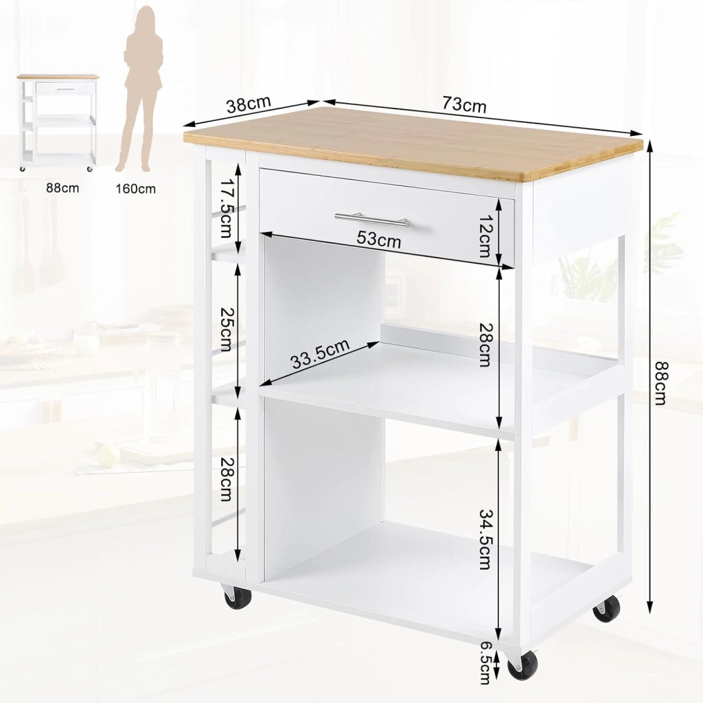 Carrello con Ruote, Isola da Cucina, Carrello Portaoggetti con Piano di Lavoro Cassetto Ripiani Aperti, Contenitore per Sala da Pranzo/Bagno/Cucina, 73x38x88 cm, Effetto Bambù + Bianco, RW051eiw