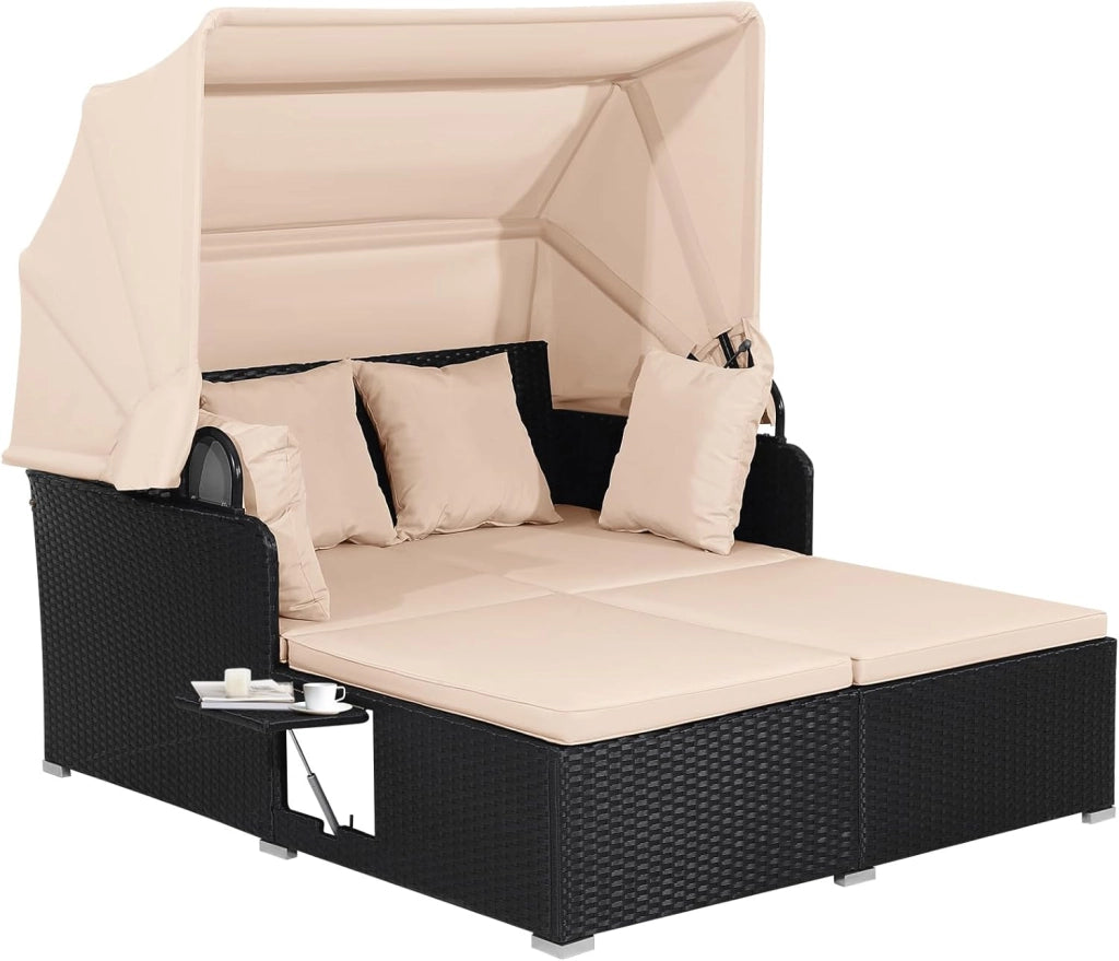 Lettino Prendisole per 2 Persone, Divano Letto Matrimoniale da Esterno in Rattan con Tettuccio Retrattile e Cuscini, Isola Prendisole per Giardino Cortile Balcone,165 x 153 x 138 cm (Grigio)