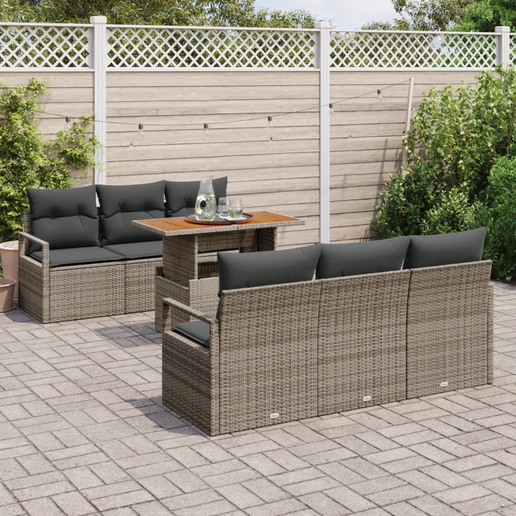 Set Divano da Giardino 7 Pezzi con Cuscini Grigio Polyrattan Acacia