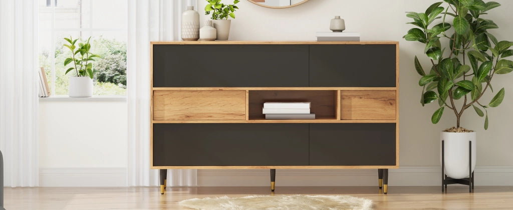 Credenza e madia con 2 cassetti, vano aperto e ante ribaltabili per soggiorno, nero naturale, 140 × 40 × 84,5 cm