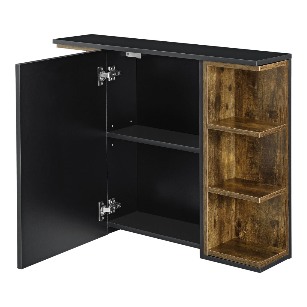 Armadietto da Muro Harstad per Bagno con Specchio Anta e Ripiani Laterali 64x80x20 cm - Effetto Legno Scuro/Nero [en.casa]