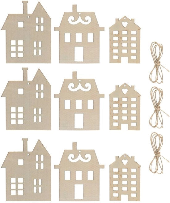Set di appesi per la casa in legno 9 pezzi - Kit creativo per lavori a maglia - Decorazione natalizia DIY - Appeso da personalizzare - Corda naturale - Dimensioni 11 cm x 9 cm - Appesi per decorazione