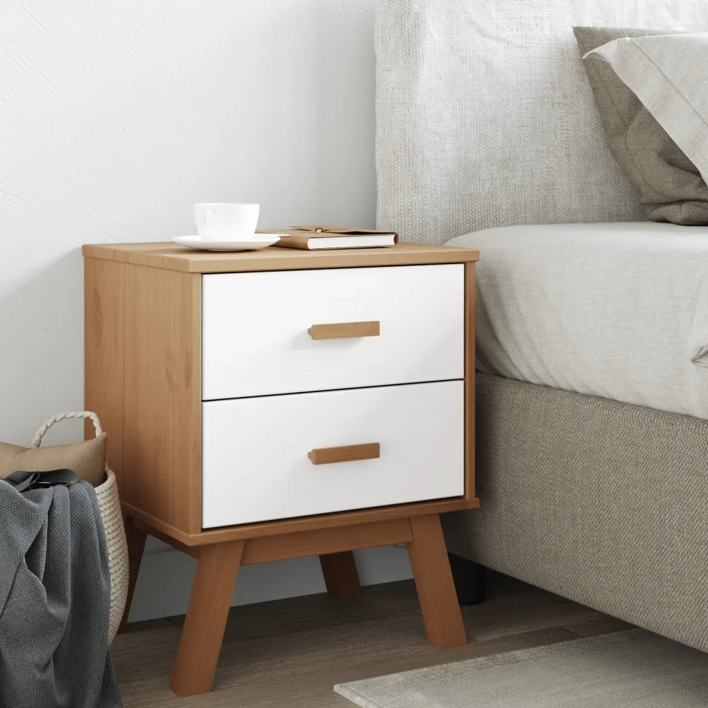 Comodino OLDEN Bianco e Marrone in Legno Massello di Pino 358584