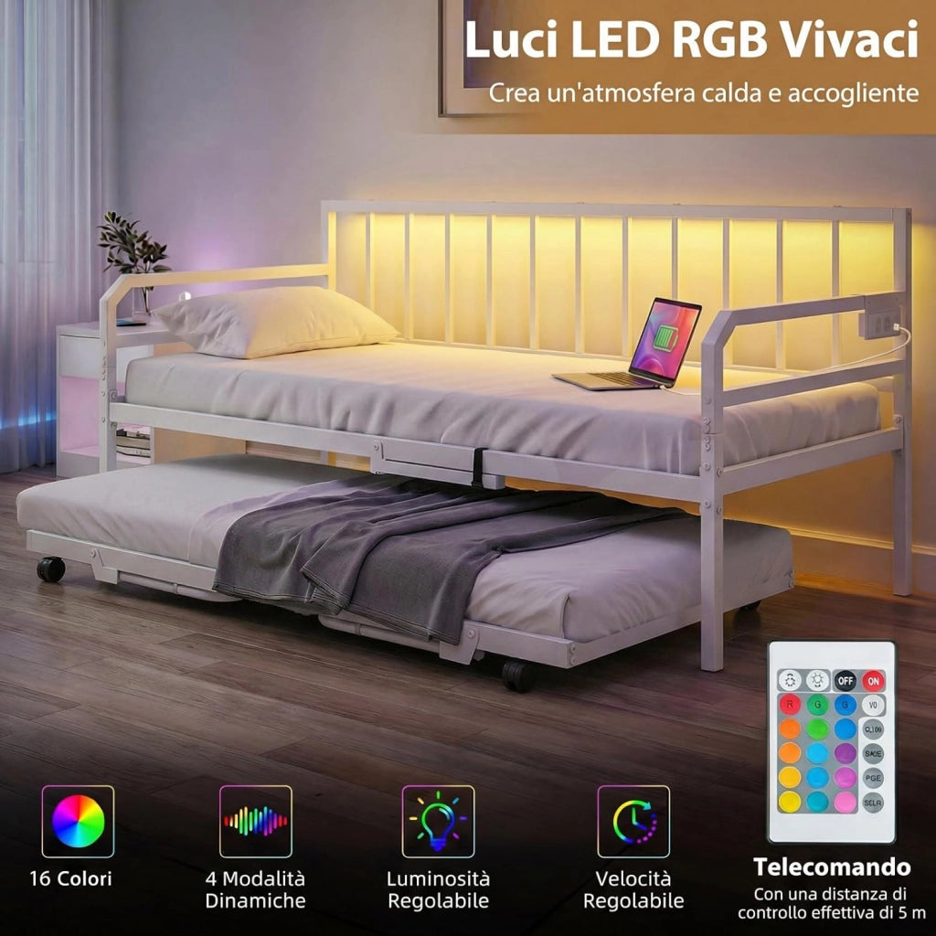 Letto Estraibile, Divano Letto Singolo con Luci LED e Stazione di Ricarica, Lettino Matrimoniale con Struttura in Metallo, 2 Pz 90x200 cm, per Soggiorno e Camera da Letto (Bianco)