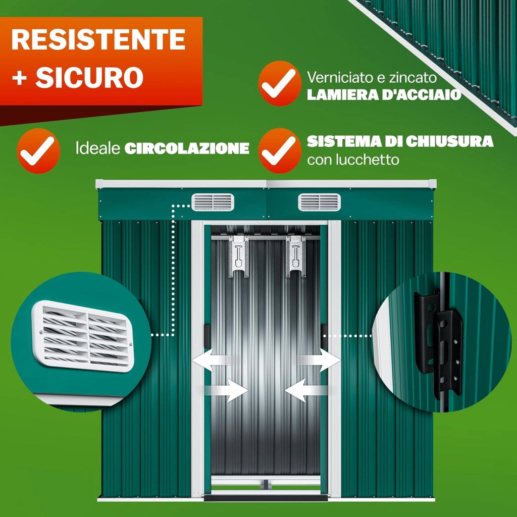 ® Casetta per Attrezzi da Giardino in Metallo 2m² con Base 200x125x180cm Porta Scorrevole Capanno con Tetto Spiovente Capannone da Esterno 4m³