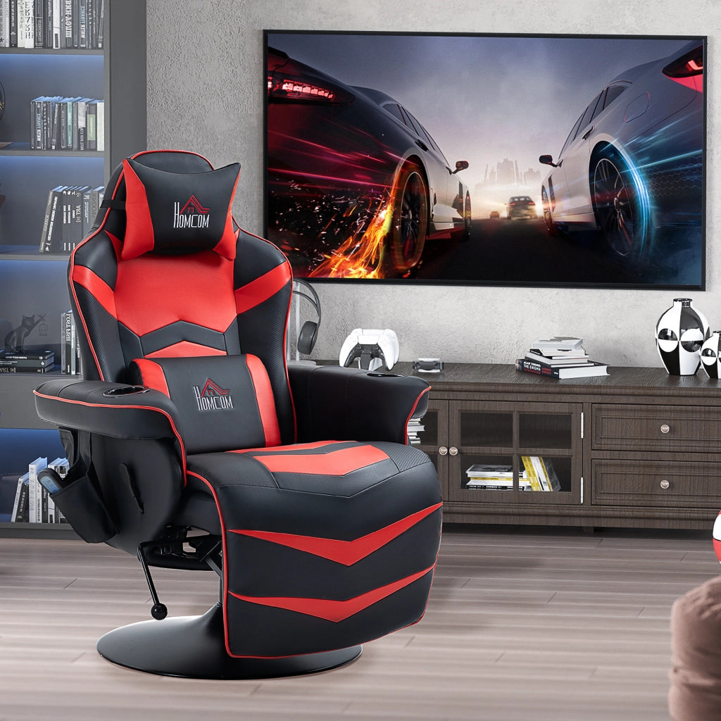Sedia da Gaming Massaggiante con Poggiapiedi e Cuscino, in Finta Pelle, 78x80x111.5 cm, Nero e Rosso