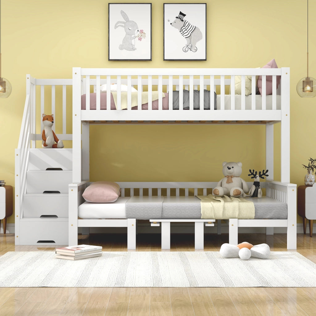 DESMIU Letto a castello 2 posti con scala contenitore, tavolo ribaltabile e barriera, 90 × 200 e 120 × 200 cm, senza materasso