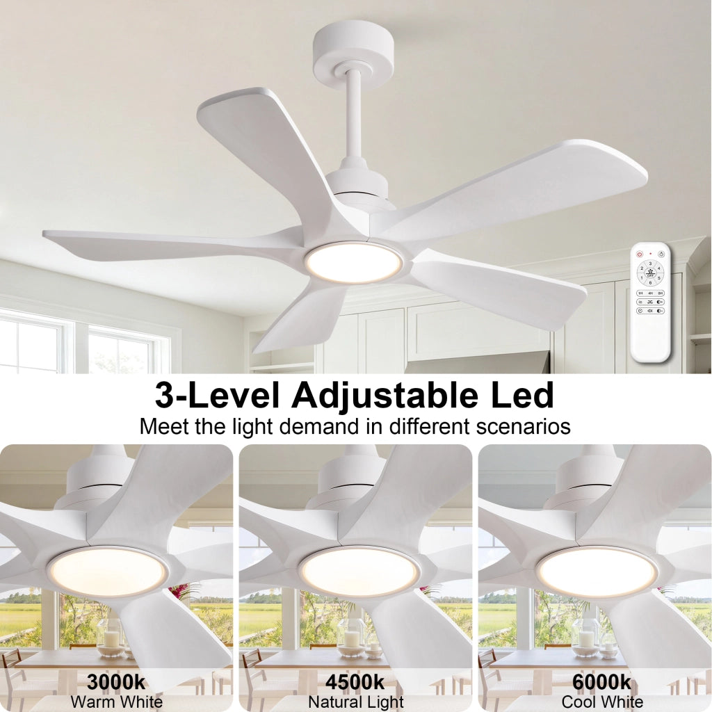 Ventilatore da soffitto bianco puro 42 pollici, 5 pale legno massello rinforzate, motore DC reversibile silenzioso, design moderno classico