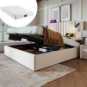 Letto matrimoniale 140x200 con contenitore, luce LED e USB, materasso incluso