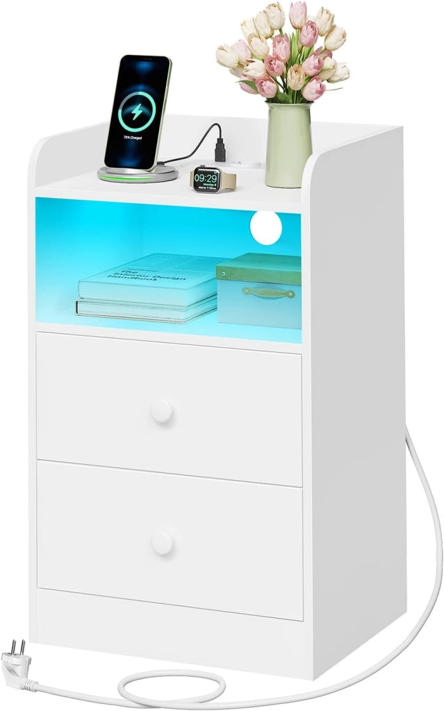 Comodino per Camera da Letto, Comodino Nero con Prese, Porte USB e Luci a LED, Tavolino con 1 Piano, 1 Scomparto e 2 Cassetti, Tavolino da Divano in Legno, NTS07sz