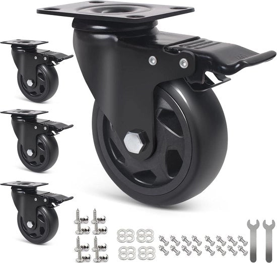 Ruote per Mobili da 100 mm - Capacità di Carico 600 kg - Ruote a Gomma con Rotazione e Frizione - Incluso Kit di 16 Viti