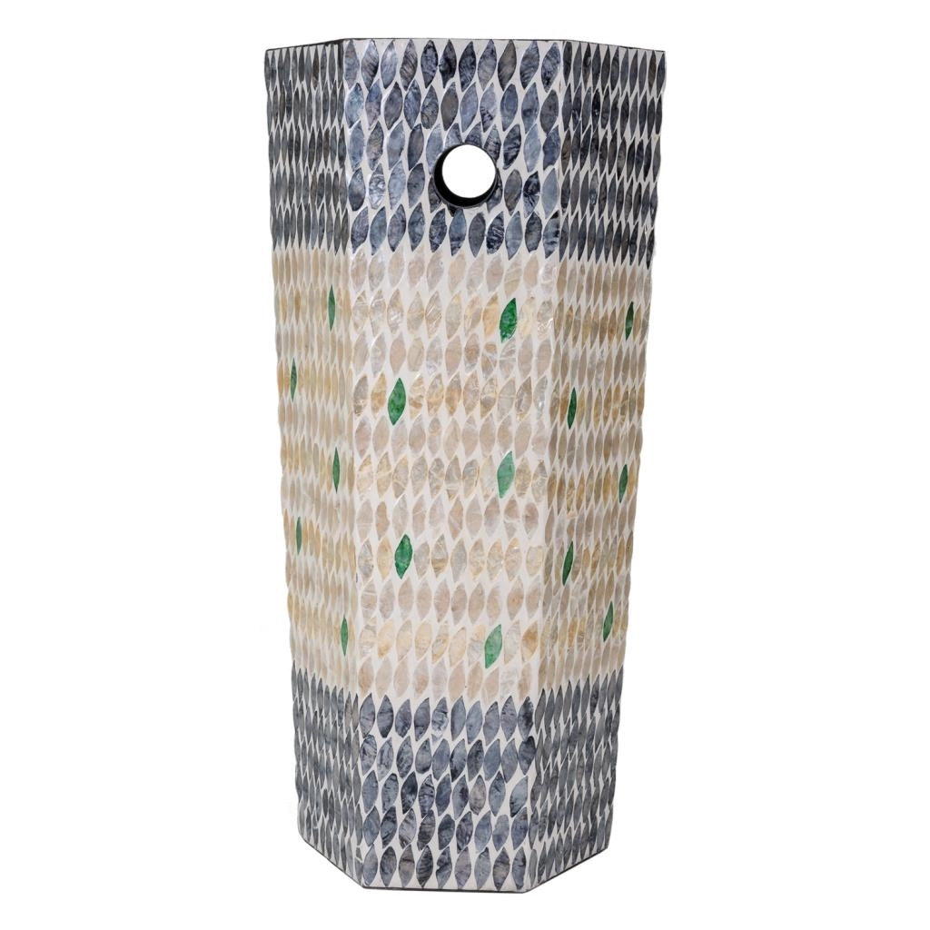 Portaombrelli pentagonale in legno rifinito in capiz bianco 24x24x58h