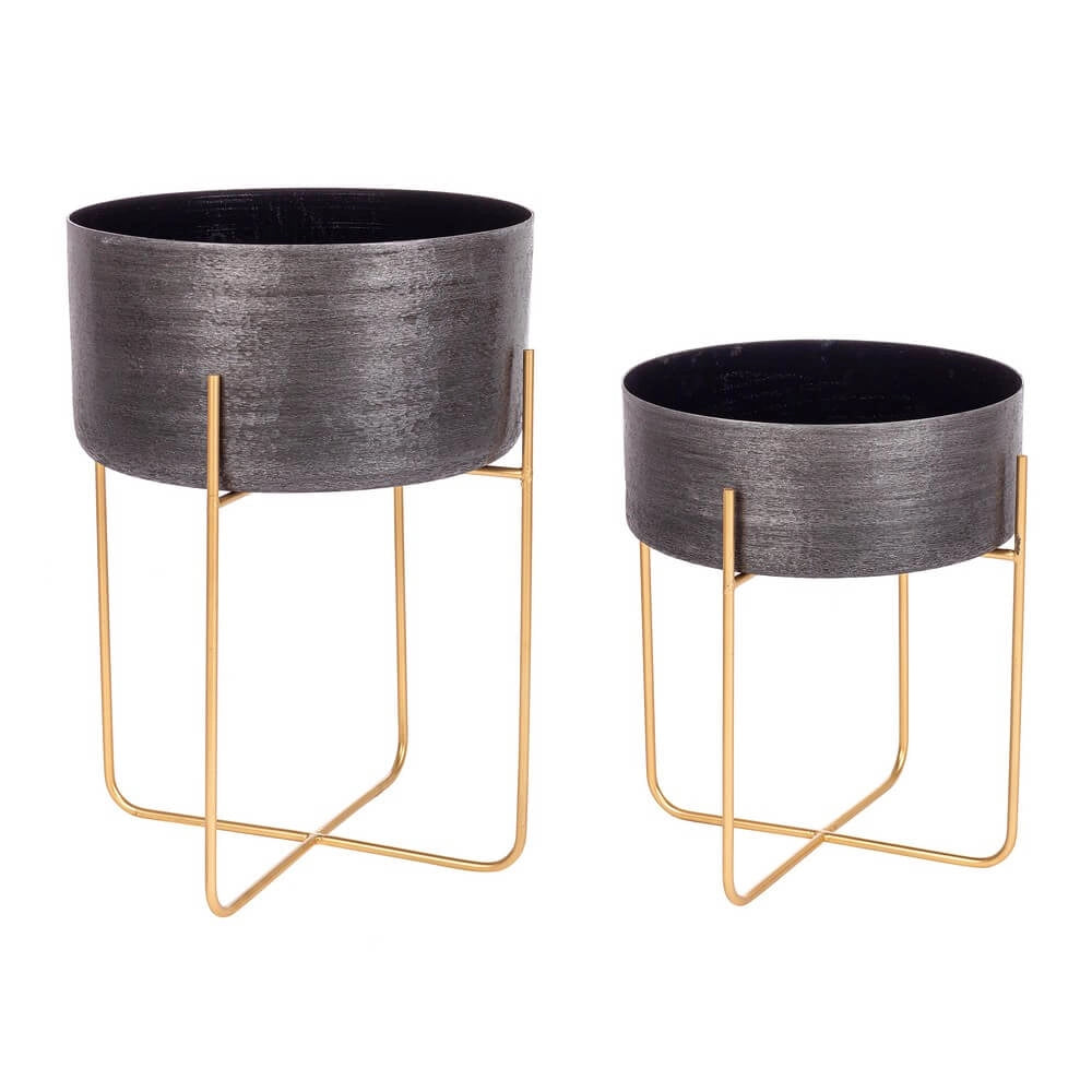 Set di 2 porta vaso in alluminio dorato con supporto in metallo - ROMAN