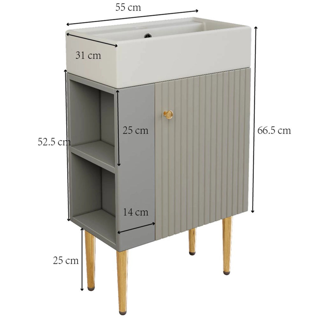 Mobile bagno con lavabo e armadietto 68;5 cm; design a pavimento; grigio e bianco