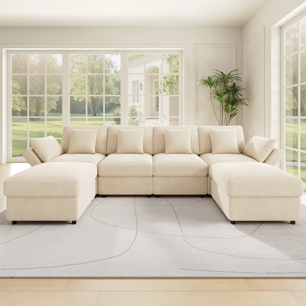 Divano ad angolo convertibile modulare con braccioli regolabili e 2 pouf in ciniglia beige