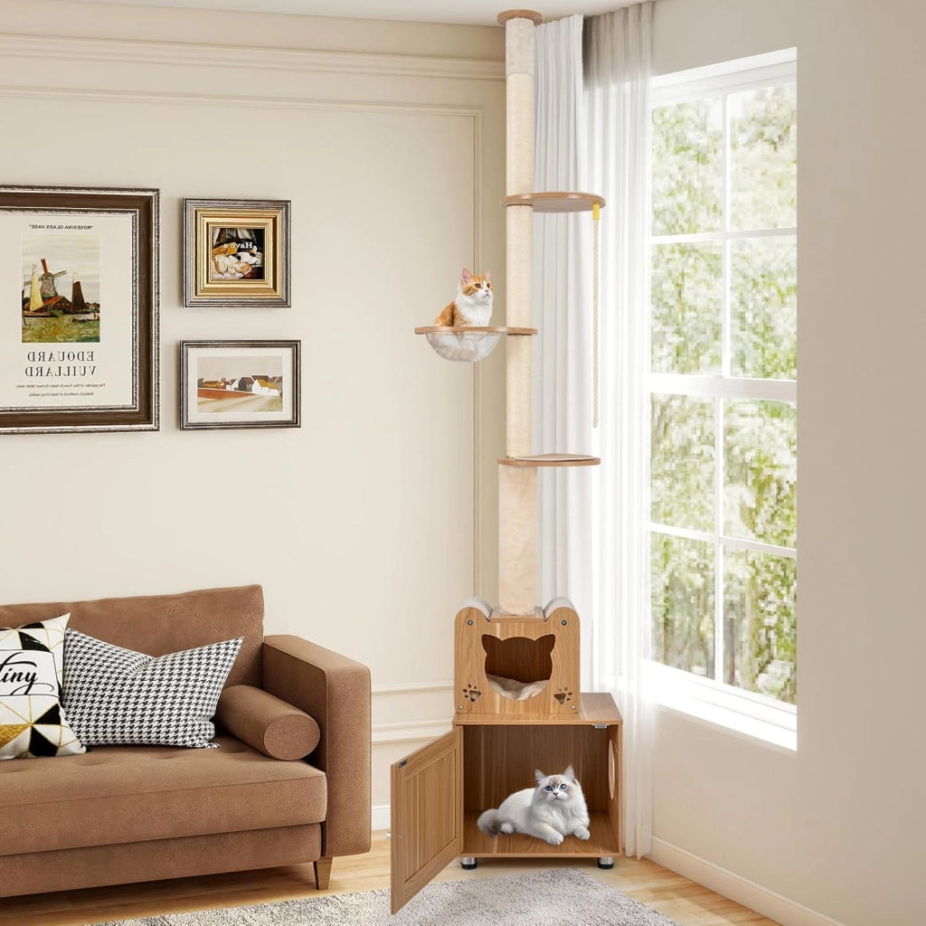 Albero per Gatti Alto 256-275 cm, Tiragraffi per Gatti con Lettiera, Capsula Spaziale, Condominio, Pali Graffiatori in Sisal e Piattaforme per Salto, Mobile per Gattini da Interno