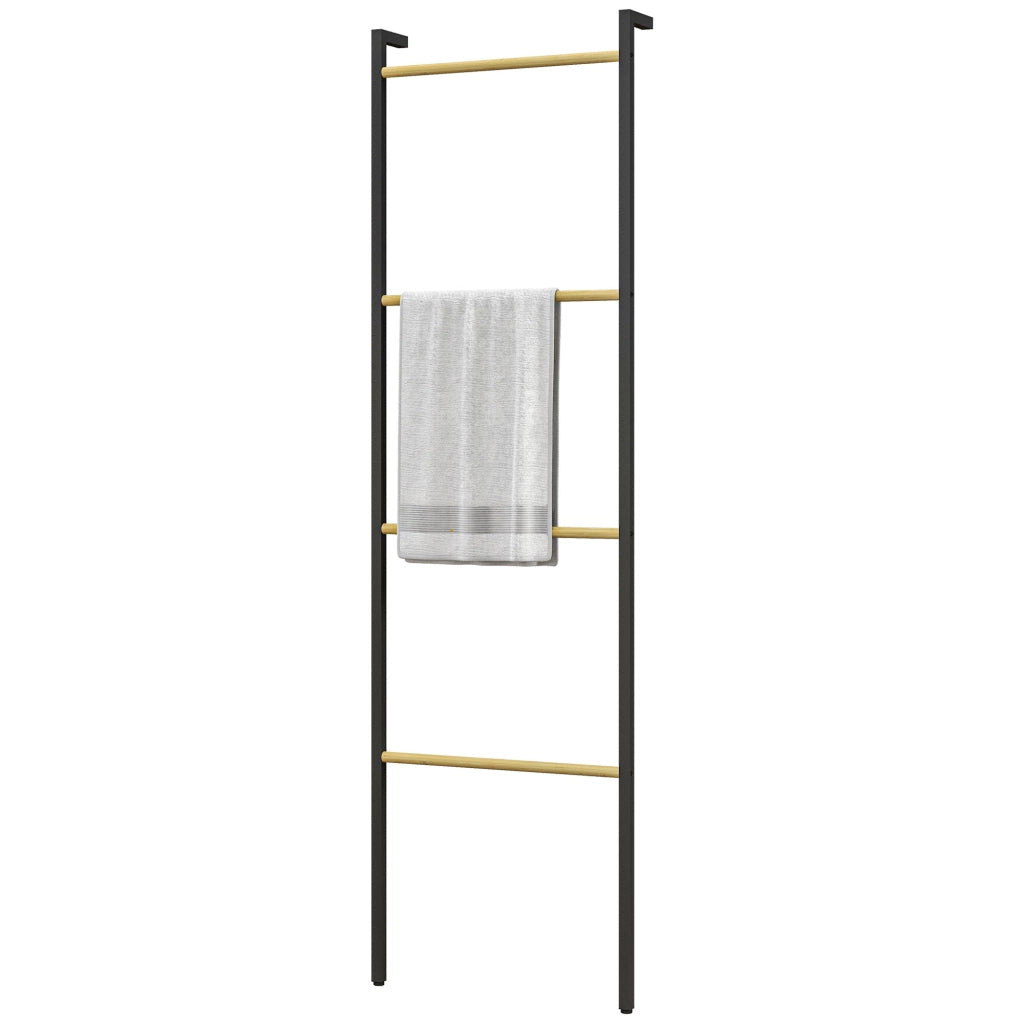 Porta Asciugamani da Bagno a Parete con 4 Barre di Bamb¨´ e Telaio in Acciaio ¨C Minimal ¨C 49x5,5x167,5 cm Nero e Naturale