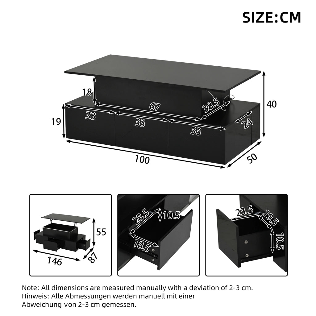 Tavolino da caffè 100x50x40 cm con piano sollevabile e LED in MDF