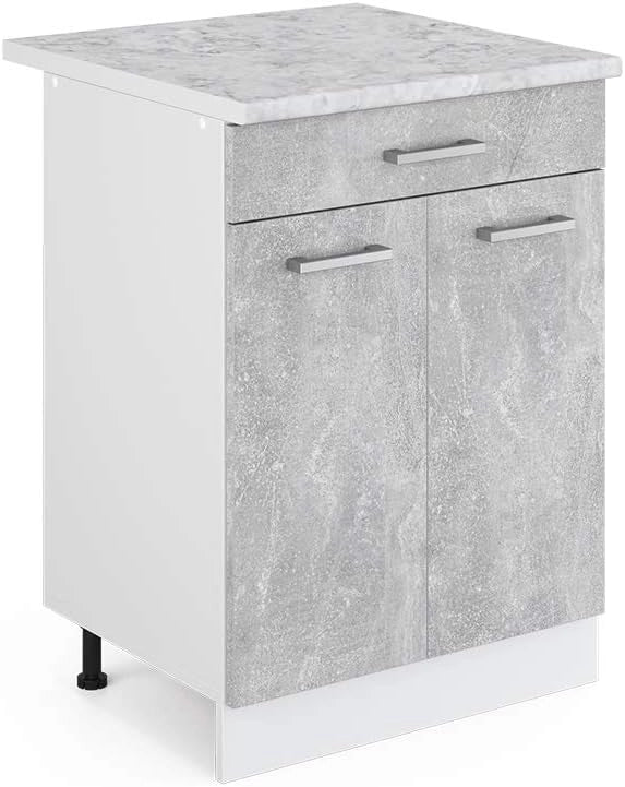 Mobiletto base per cucina R-Line, Calcestruzzo, 60 cm con cassetto PL Marmo, per la libera combinazione all'interno di sistemi cucina modulari