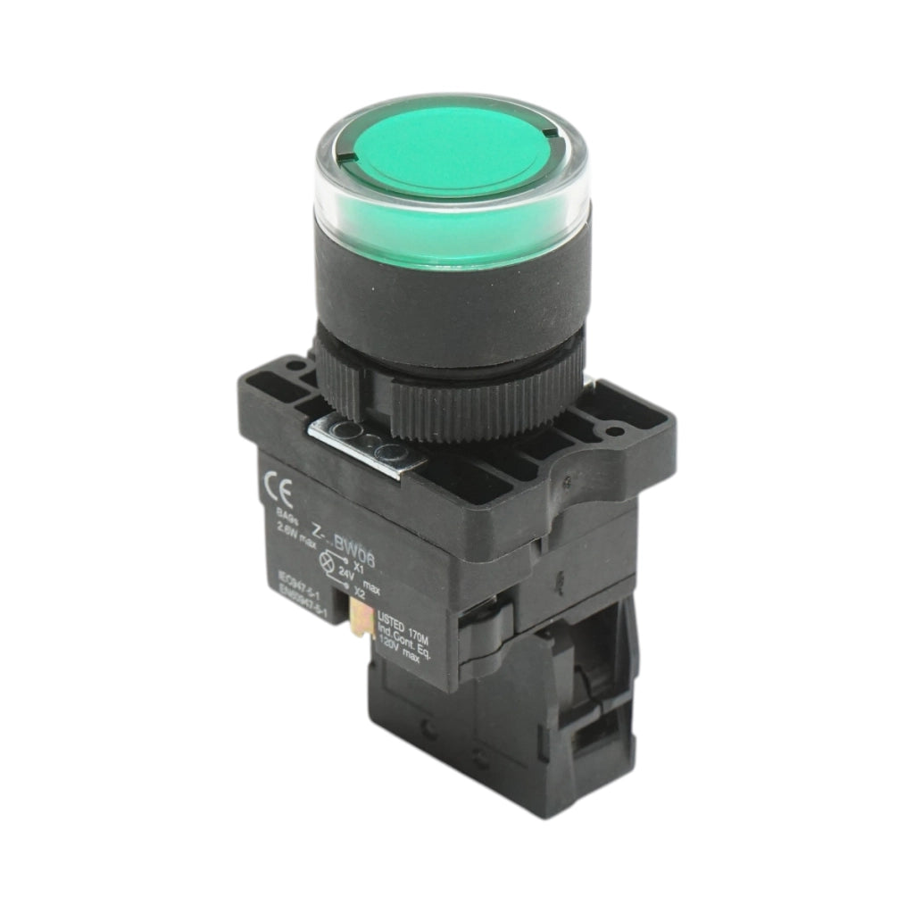 Pulsante indicatore LED verde con resistenza integrata 1NO, 24V LAY5 Breckner Germany