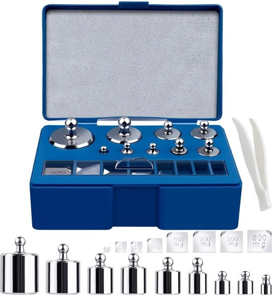 Set di pesatura Kalibrato 211,1g - 100g/50g/20g/10g/5g - Acciaio - Contenitore di archiviazione - Pinza - Tolleranza ammessa +/- 0,003g - Set di pesatura