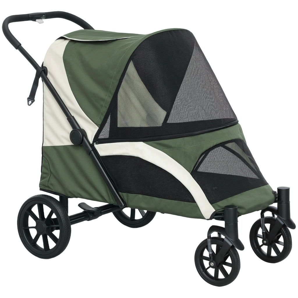 Carrello pieghevole con chiusura a un clic e ruote rimovibili per cani e gatti fino a 30 kg, poliestere, verde scuro