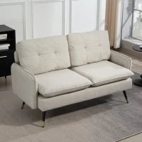 Divano 2 Posti in Tessuto Effetto Lino con Gambe in Acciaio e Cuscini Imbottiti, 139x68x80 cm, Bianco Crema