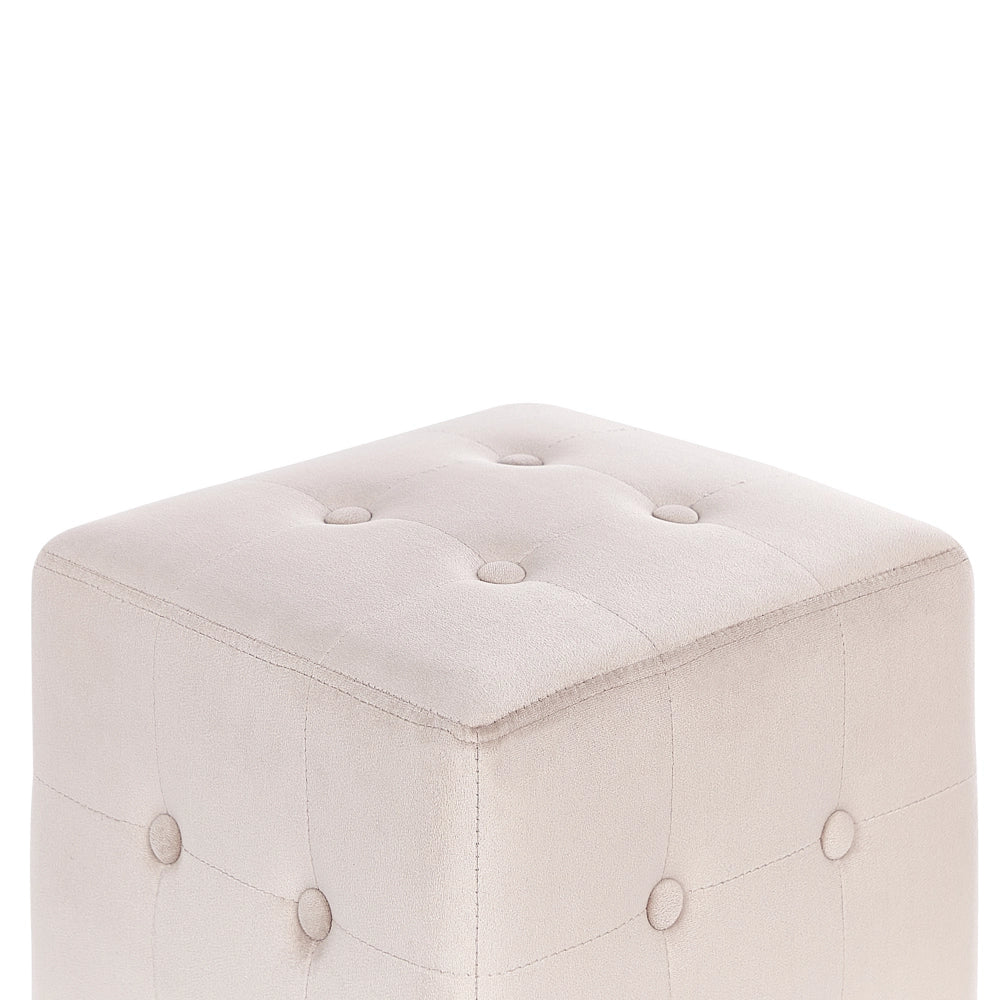Pouf a forma di Cubo in velluto beige chiaro con bottoni tappezzeria trapuntata