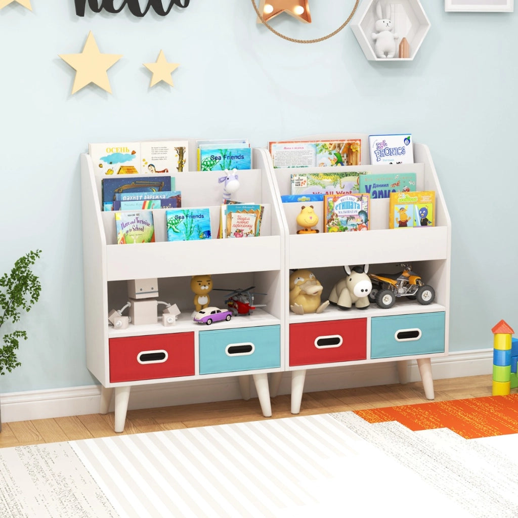Libreria per bambini con libreria a 3 ripiani scomparto aperto e 2 cassetti in tessuto pieghevoli, Scaffale in legno Bianco
