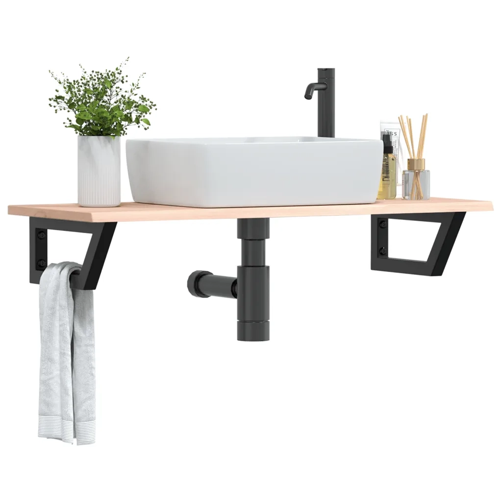 Ripiano a Parete per Lavabo in Acciaio e Massello di Rovere 3302551