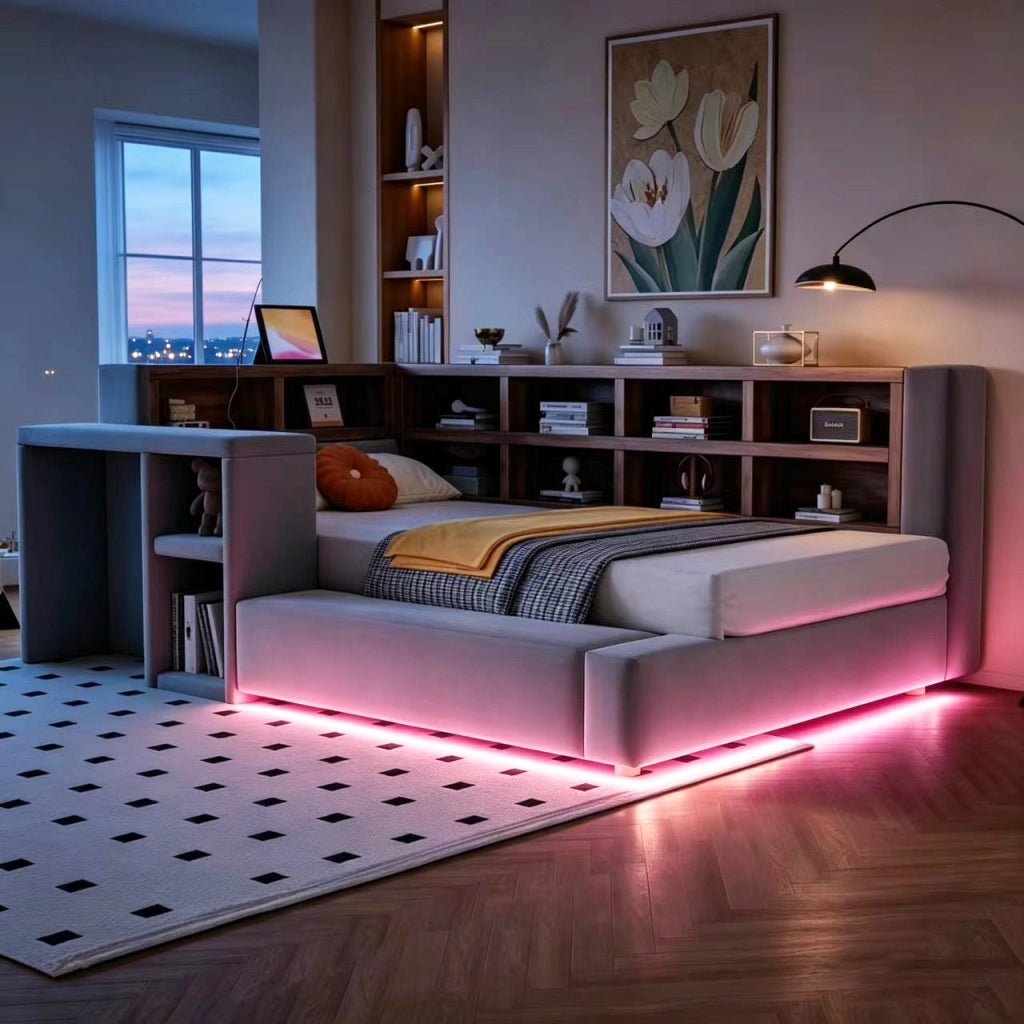 Letto imbottito 90 x 200 cm con testiera imbottita, vani portaoggetti, LED, prese integrate e tavolino laterale, Grigio scuro