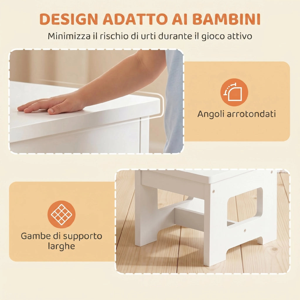 Set Tavolo e Sedia per Bambini 3-6 Anni con Piano Reversibile in Legno Bianco