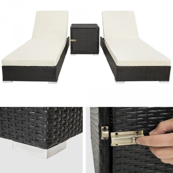 Set di due lettini prendisole in resina intrecciata in polyrattan nero + tavolo + due set di coperture + telo protettivo 08_0000505