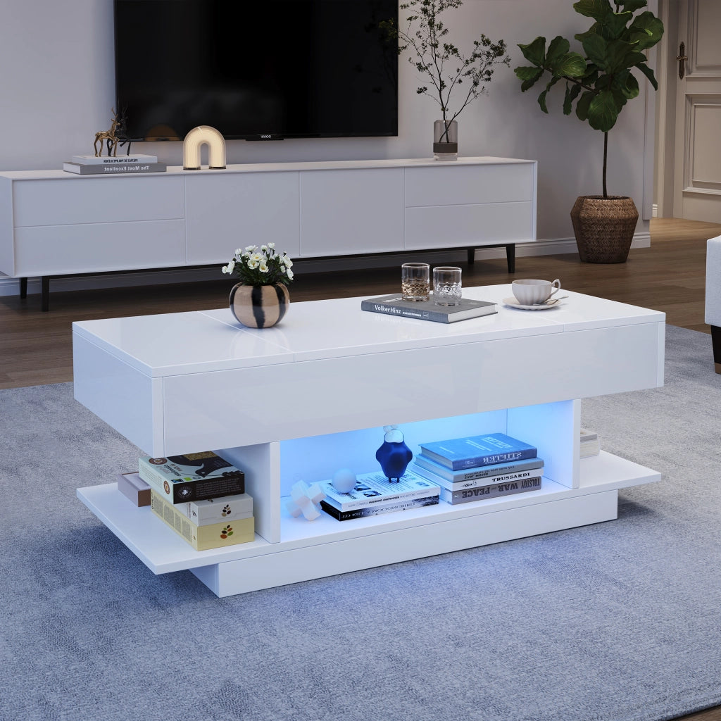 Tavolino basso sollevabile con piano rialzabile 2 vani con anta a ribalta 4 vani aperti LED bianco 98 × 45 × 40 cm