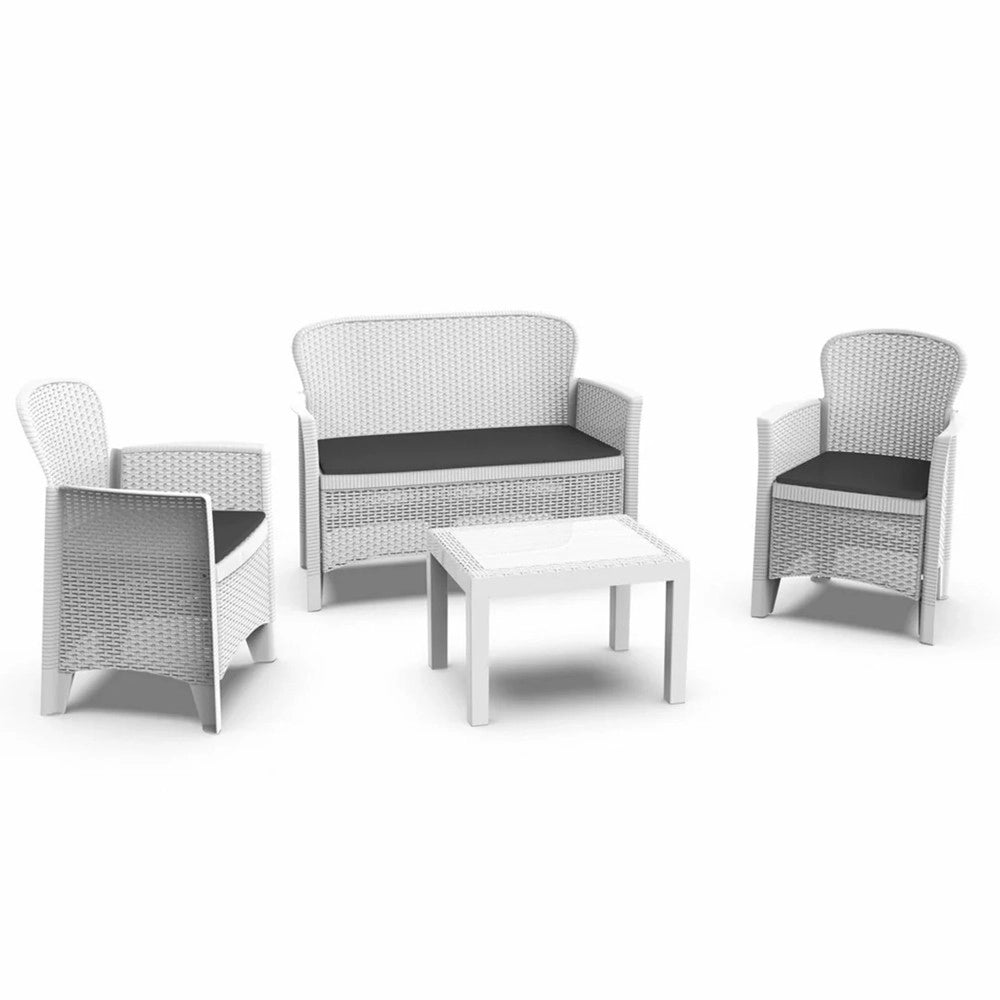 Trade Shop - Set Salotto Giardino Con Divano 2 Poltrone Tavolino Cuscini Effetto Rattan Bianco 156036 -