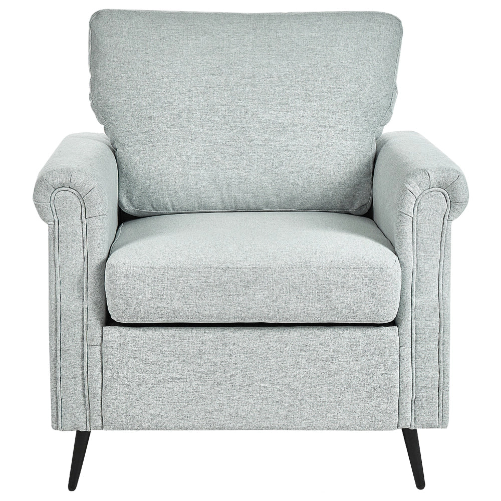 Poltrona Rivestimento in Tessuto Grigio Chiaro Gambe in Metallo nero Cuscini Seduta e Schienale Sfoderabili Stile Retrò Glam