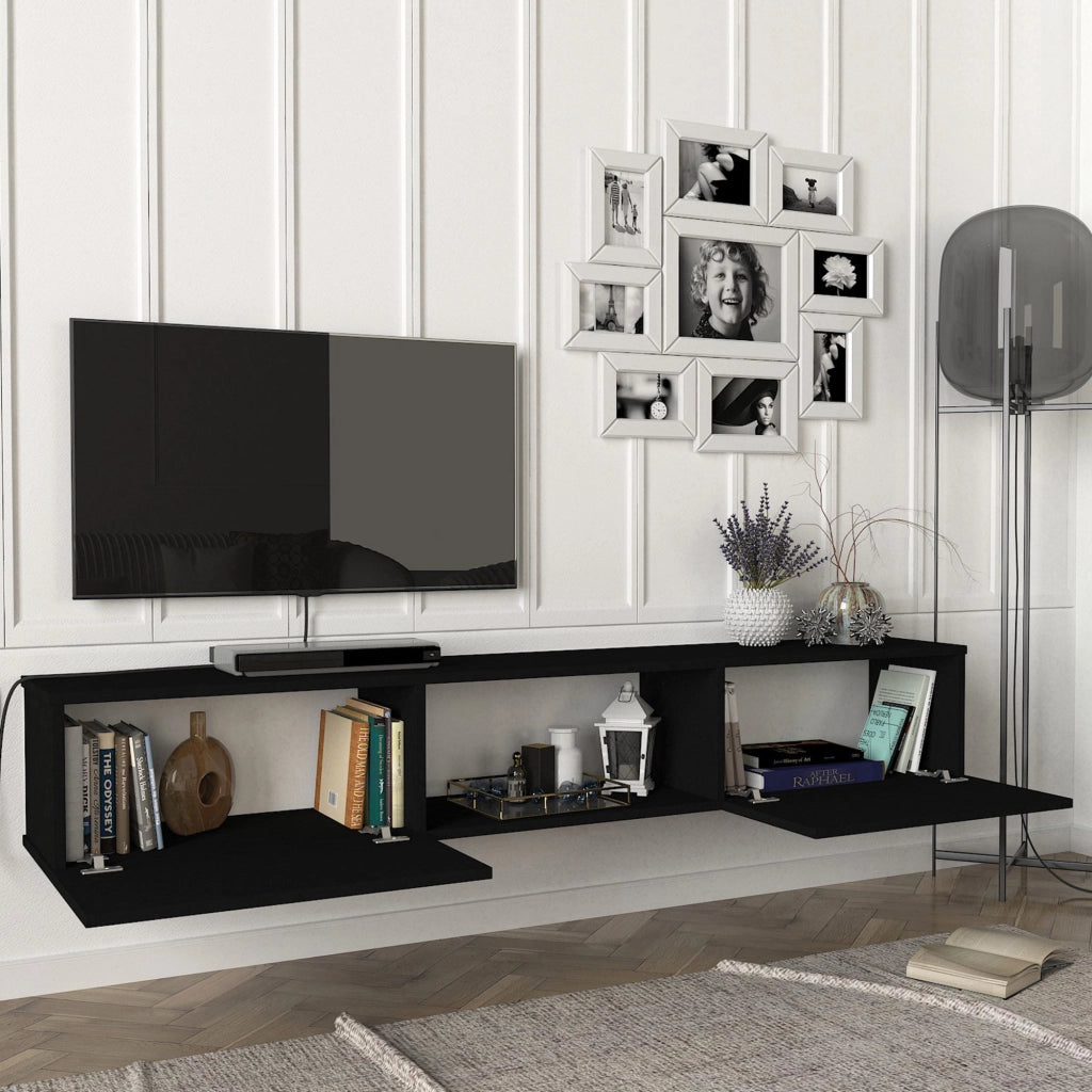 Mobile TV da Parete Paltamo Armadietto Pensile con Ante a Ribalta 180 x 31 x 29,5 cm Nero [en.casa]
