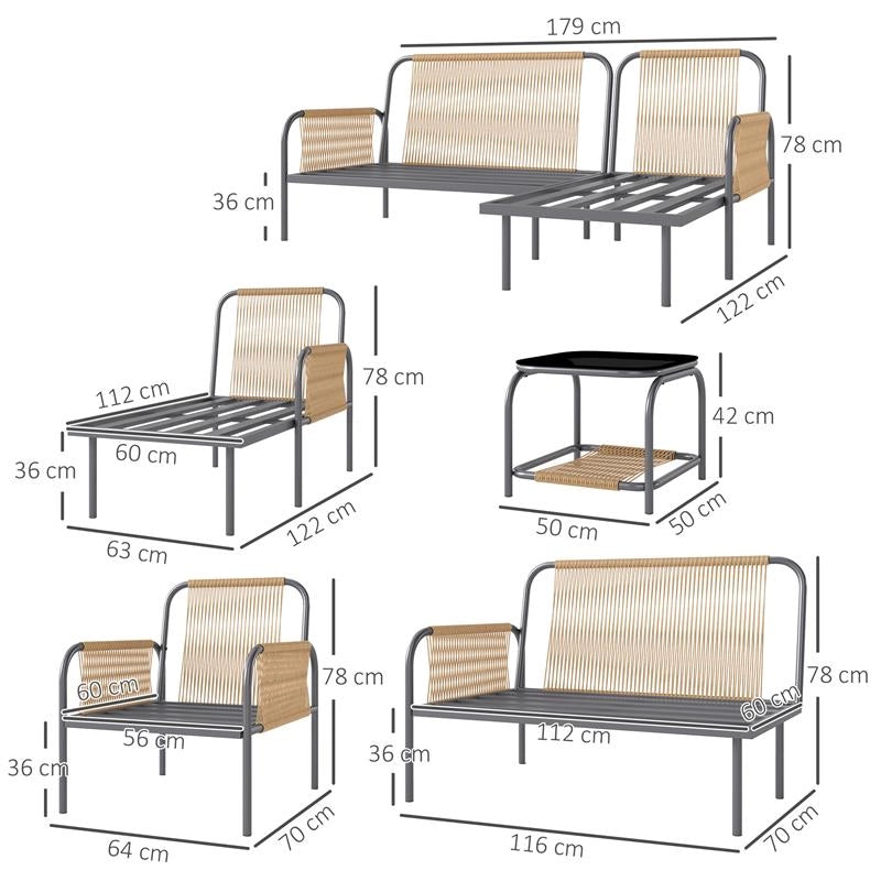 SALOTTO DA GIARDINO 4 PEZZI IN RATTAN CON DIVANO CHAISE LONGUE POLTRONA E TAVOLINO CON CUSCINI GRIGIO