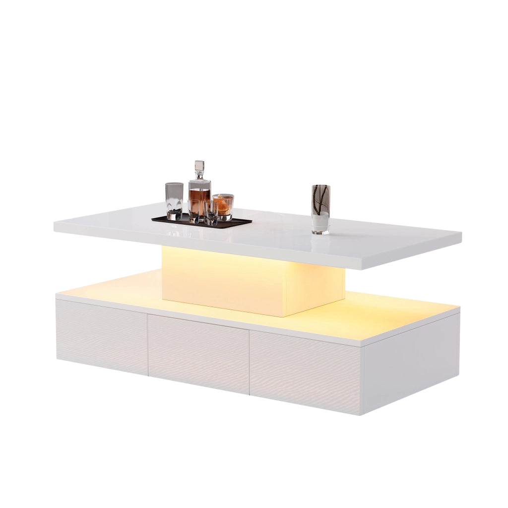 TAVOLINO DA SALOTTO 100x50x39 cm Bianco con LED, 1 cassetto e vano aperto