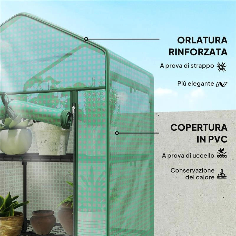 SERRA PER PIANTE A 5 LIVELLI CON PORTA A ZIP, IN ACCIAIO E PE, 69X49X193 CM, VERDE