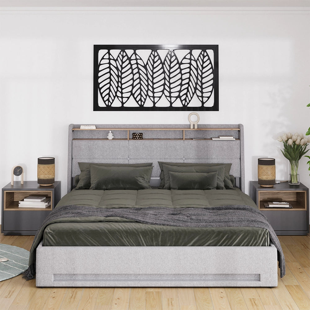 Vitalispa Letto imbottito Grigio/quercia 180x200 con LED, porta USB e materasso