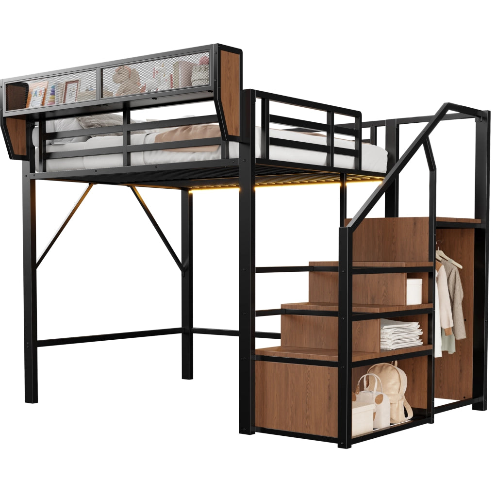Letto a soppalco 140x200 cm in metallo con LED; scala di sicurezza e ripiani; nero
